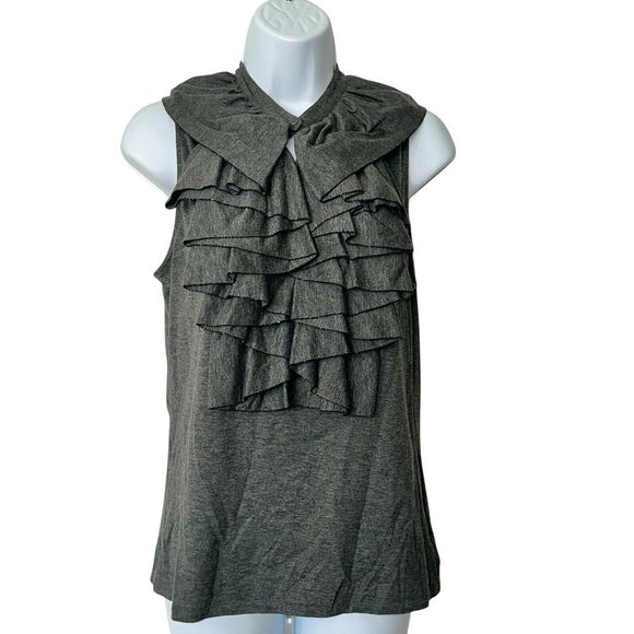 Ralph Lauren Black Label M Gray Cotton Top Beaded Trim Ruffle Front Sleeveless - Picture 1 of 9